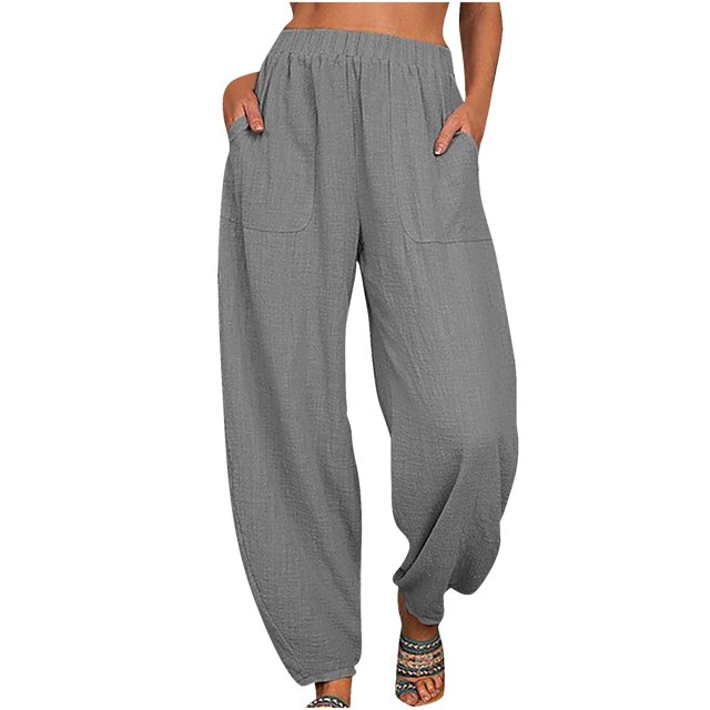 Timegard Pantalon en Coton et Lin pour Femmes Taille Élastique Léger avec Poches Tendance Automne