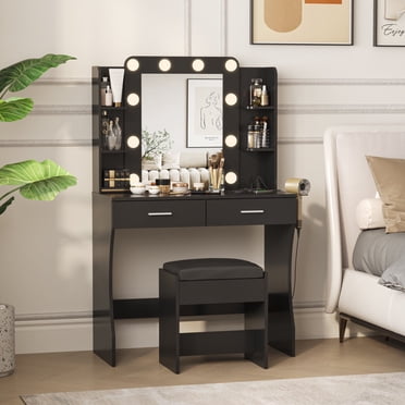 Vabches Ensemble de Coiffeuse avec Miroir et Lumières, Grande Table de Maquillage avec Station de Recharge, Tabouret Confortable, 2 Tiroirs, Nombreuses Étagères de Rangement