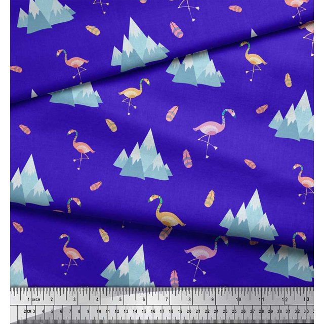 Soimoi Blue Poly Georgette Fabric Feather & Flamingo Bird Decor Fabric Printed Yard 42 Inch Wide