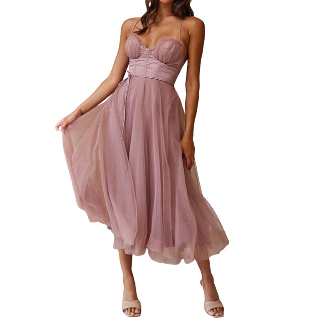 Gupgi Robe Longue en Tulle pour Femme Couleur Unie à Bretelles Spaghetti Dos Nu Corset Robes Cocktail Robe de Soirée Formelle