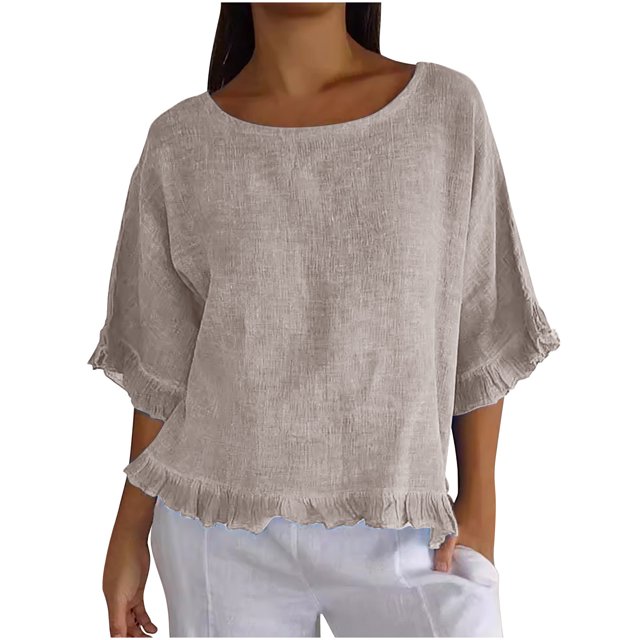 Plebaso T-Shirts en Coton et Lin pour Femmes à Manches à Volants, Col Ras du Cou, T-Shirts Unis Légers, Hauts