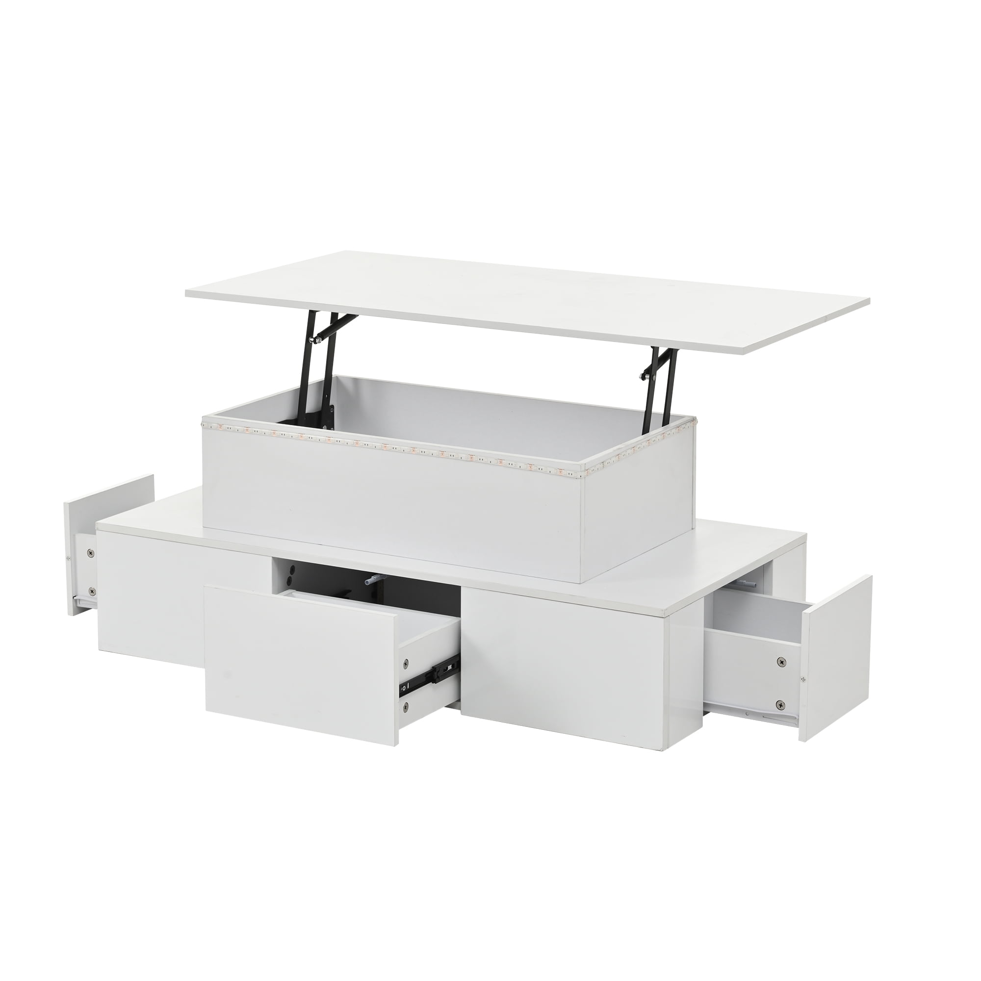 Homy Casa table basse blanche relevable avec 4 tiroirs, lumières LED et rangement caché pour salon