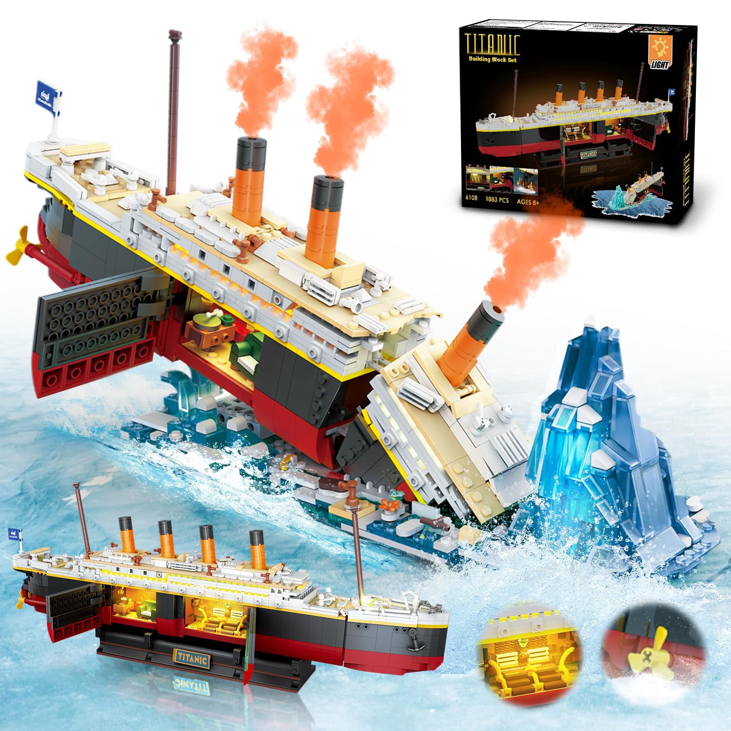 INSOON Titanic Building Set with Light, 2 in 1 Titanic Ship 3.6mm Mini Building Block 1883 PCS, Ship Model with Glacier Display Stand, Building Brick