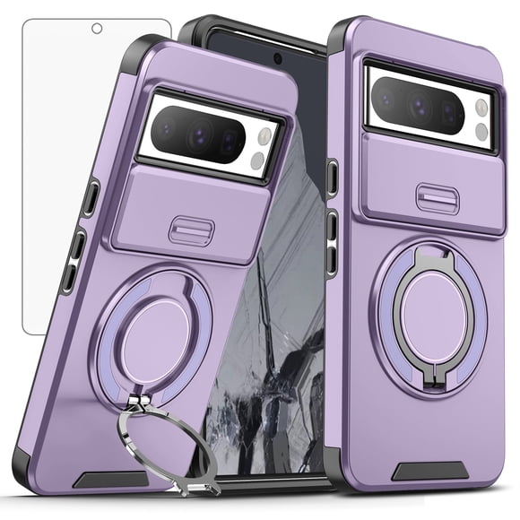 Asuwish Compatible with Google Pixel 8 Pro 5G Phone Case Slide Camera Cover Tempered Glass Screen Protector Stand Ring Holder Rugged Slim Cell for Pixel8Pro Pixel8 XL Seven 8Pro 6.7 Women Men Purple