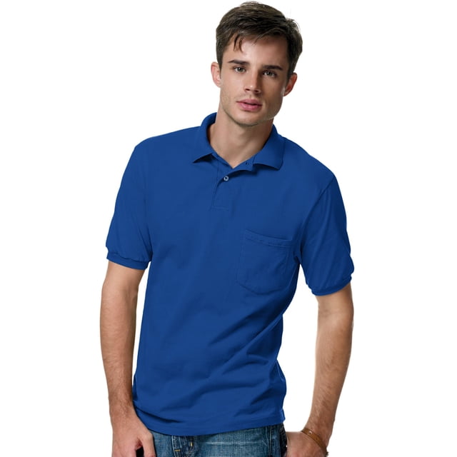 Hanes Mens CottonBlend EcoSmart Jersey Polo With Pocket 2-Pack, L, Deep Royal