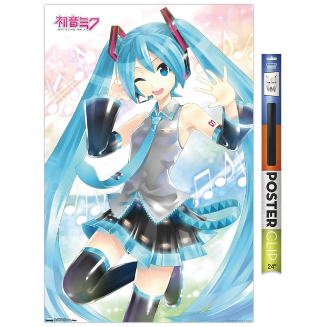 Hatsune Miku - Affiche Murale Ondulante, 22,375 Pouces x 34 Pouces Mettant en Vedette le Personnage d'Anime Hatsune Miku aux Longues Queues Jumelles turquoise, Portant une Tenue Sans Manches Argentée et turquoise avec une Cravate, une Jupe Plissée Noire et turquoise, et des Cuissardes Noires, Posée avec une Main Relevée et l'Autre Près de Sa Tête sur un Fond pastel avec des notes de Musique, Imprimée sur du Papier d'Affiche Lustré, Convient pour Décorer des Chambres, des Bureaux Ou des