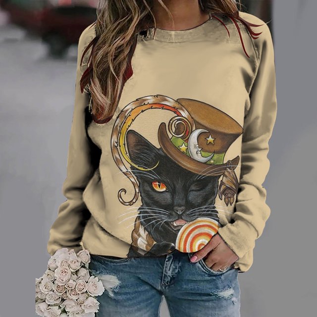 Hauts pour Femmes Décontractés Élégants 2023 Imprimé Halloween Manches Longues Col Rond Pull Décontracté à Capuche Costumes d'Halloween pour Femmes en Solde