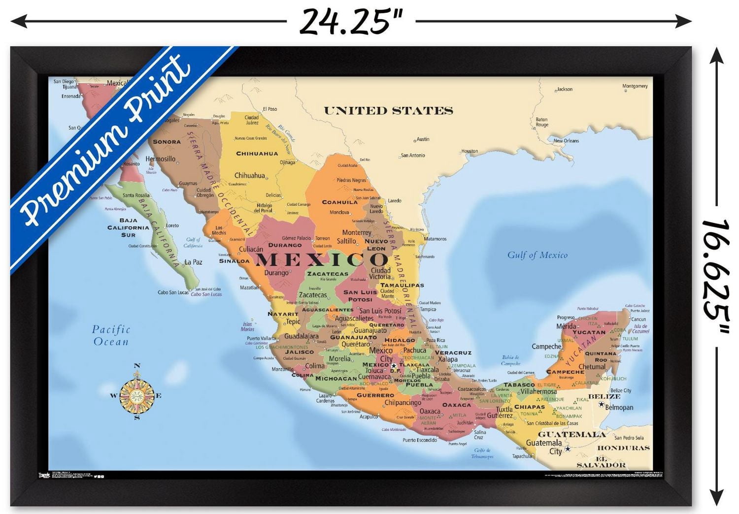Map - Mexico Wall Poster, 22.375" x 34" Framed