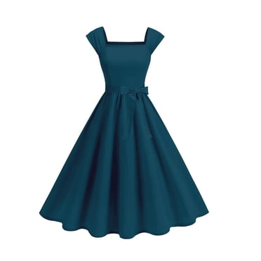 hotojiny Robes d'Invitée de Mariage pour Femmes Mignonnes avec Nœud, Ligne A, Mi-Longues et Fluides, Élégantes Vintage à Encolure Carrée, Robes de Soirée Cocktail