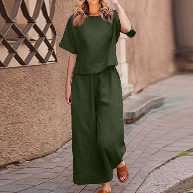 Tenues d'Été en Coton et Lin 2 Pcs pour Femmes, Ensembles 2 Pcs en Coton et Lin pour Femmes avec Hauts Courts à Bretelles et Pantalons à Jambes Larges, Tenues Décontractées Amples Unies à Col Rond et Manches Courtes