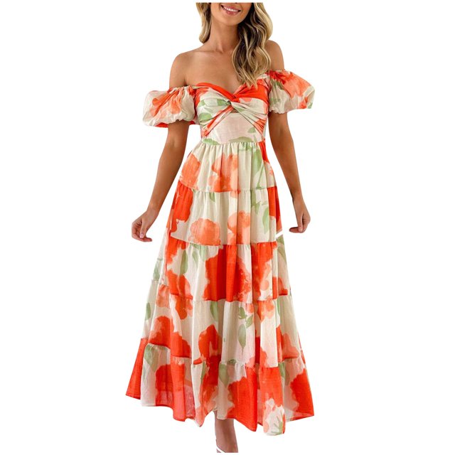Pisexur Robes pour Femmes à Épaules Dénudées, Robe Maxi à Imprimé Floral, Robes de Bal Sans Bretelles, Tunique à Torsade devant, Robe Soleil, Ourlet à Volants, Robe Cocktail Fluide à Étages, Robe Longue d'Été Décontractée Bohème Formelle