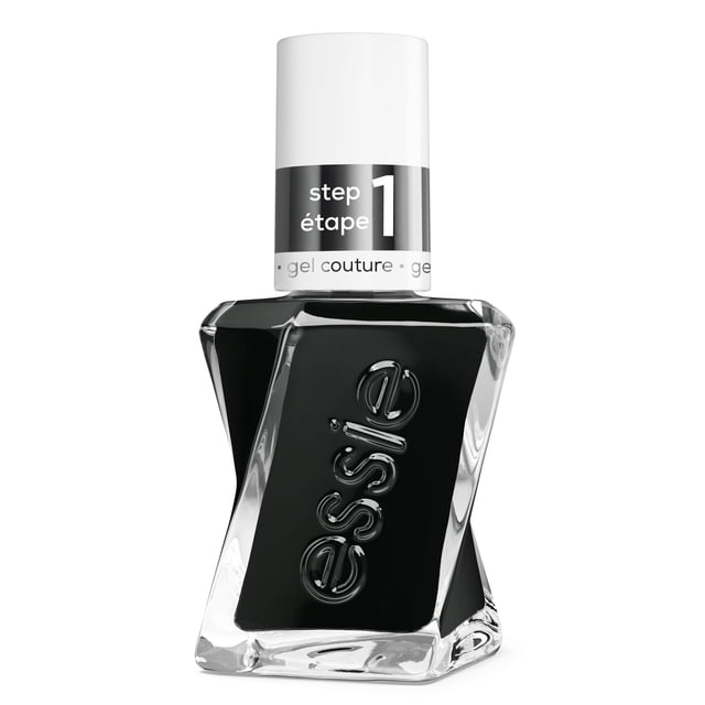gel couture by essie gel-like longwear nail polish in black in a twisted square clear glass bottle with white cap labeled step 1, providing up to 15 days of gel-like wear without UV light, 8-free vegan formula, and easy removal like regular polish