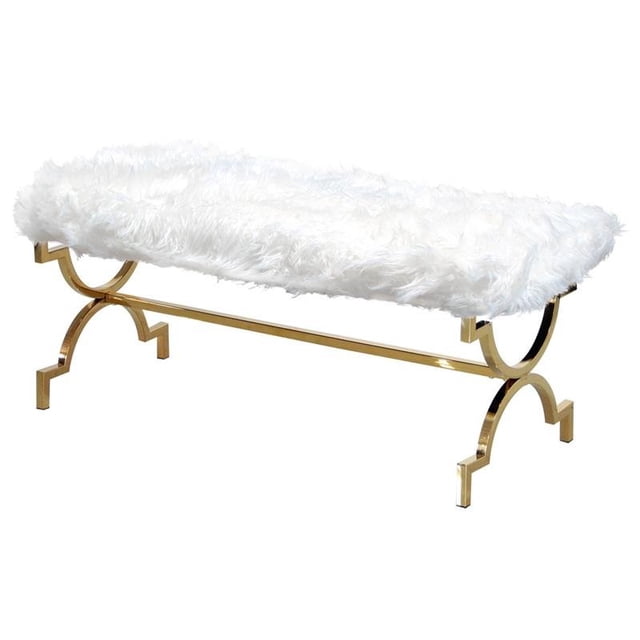 Best Master Faux Fur Upholstered Bench with Stainless Steel Frame in White/Gold