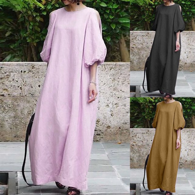 Gspmoly Robes d'Été pour Femmes 2025, Mode Femme Coton et Lin Col Rond Ample Manches Bouffantes Demi-Manches Robe Longue Unie Robes d'Été pour Femmes Économies d'Été Liquidation