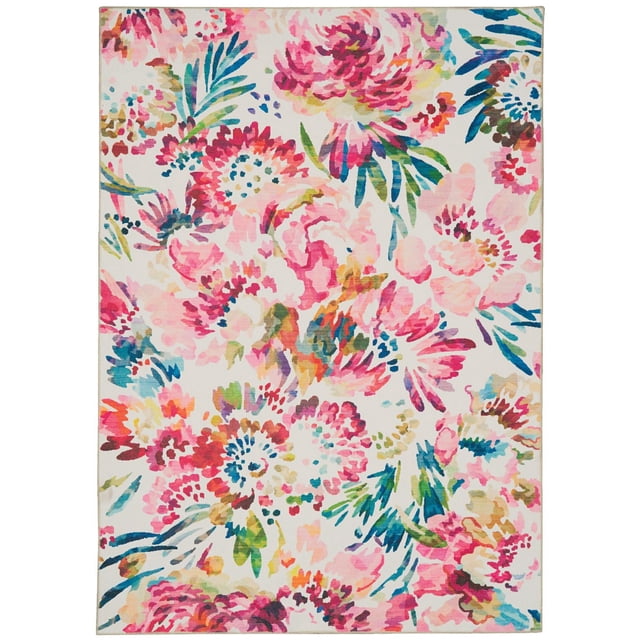 Julian 3' x 5' washable accent rug in raspberry and ivory featuring a watercolor floral pattern with pink, red, blue, and green hues on an ivory background, made of stain-resistant polyester with nonslip backing, suitable for high-traffic areas and machine washable for easy maintenance.