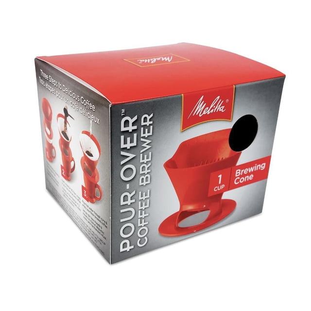 Melitta Pour over Coffee Brewer red one-cup brewing cone on packaging box with manual brewing instructions, designed for easy single cup pour-over coffee preparation.