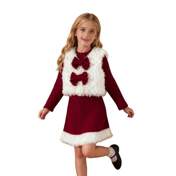 HXWCHs Big Girls Dress Elegant Girls Festive Party Dress with Vest and Bow Detail Long Gown for Holiday Celebrations Red 9-10 Years