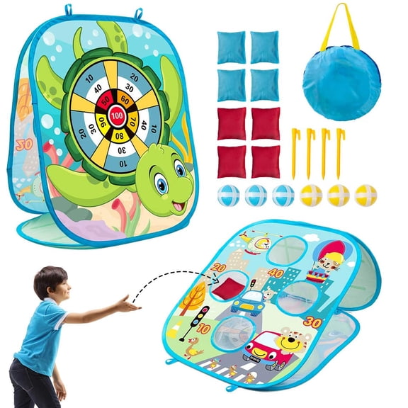 3 in 1 Bean Bag Toss Game Set for Kids, Outside Toys for Kids Toddlers Ages 3-5 4-8 4-7, Collapsible Cornhole and Dart Board with 8 Bean Bags, Crab & Turtle Themed, Birthday Gift for Boys Girls