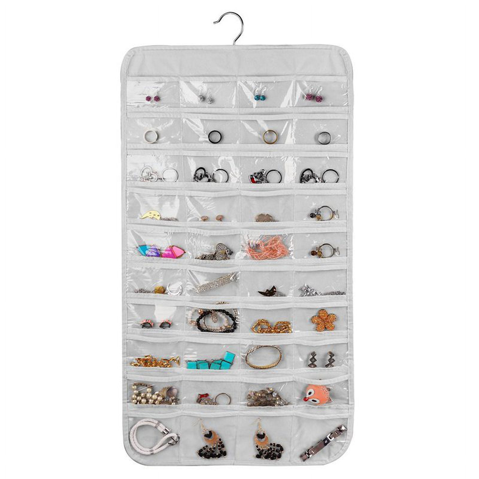 AMERTEER Hanging Jewelry Organizer With 80 Pockets Dual Sizes Non Woven Holder Accessory Display with Hanger Metal