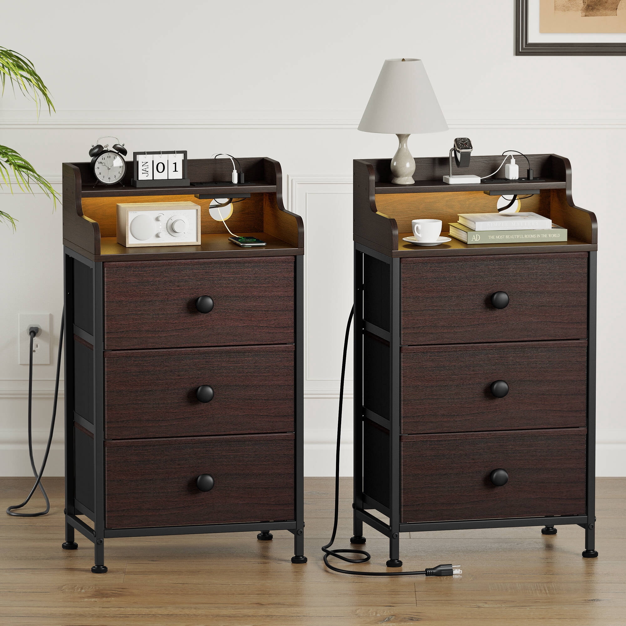 GUNAITO 3 Drawers Nightstand Set of 2 with Charging Station, Bedside Table with LED Light, Modern End Side Table for Bedroom Living Room，Brown