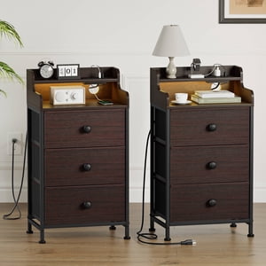 GUNAITO 3 Drawers Nightstand Set of 2 with Charging Station, Bedside Table with LED Light, Modern End Side Table for Bedroom Living Room，Brown