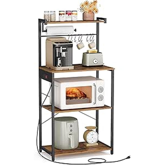 SONGMICS Étagère de Cuisine pour la Maison avec Prise de Courant, Bar à Café à 4 Niveaux avec 8 Crochets en S, Support pour Micro-Ondes, Tablette Ajustable, pour Petits Espaces, Brun Rustique et Noir Encre UKKS014K01