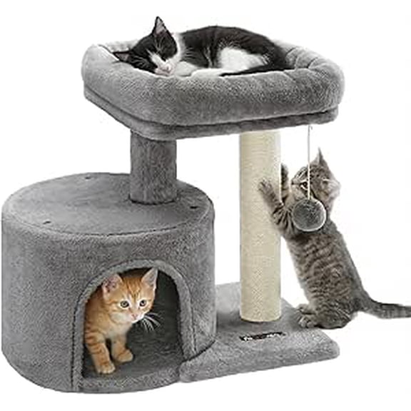 FEANDREA Cat Tree Tower with Sisal-Covered Scratching Posts, Light Grey