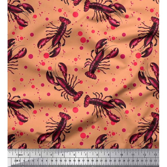 Soimoi Rayon Crepe Fabric Dot & Lobster Ocean Decor Fabric Printed Yard 46 Inch Wide