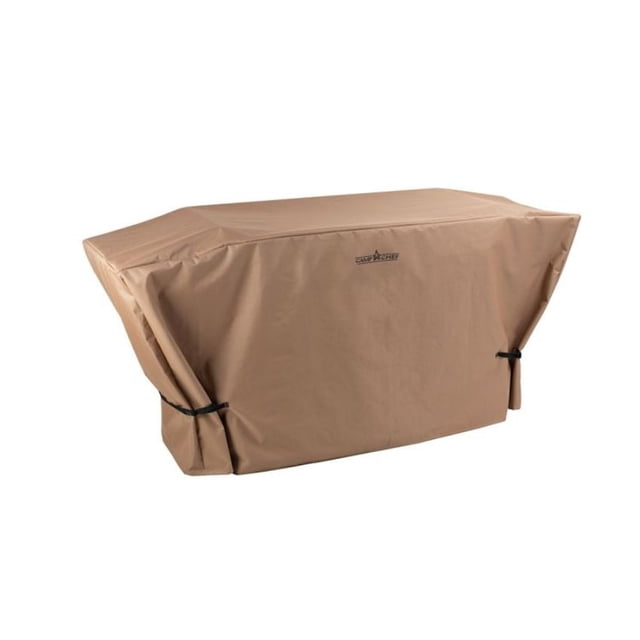 CAMP CHEF XL FLAT TOP GRILL 900 COVER in tan 600 Denier Cordura Nylon with elasticized bottom cord, designed for FTG900 and FTG900PG grills, weather-resistant and durable for outdoor patio use, fits with open shelves.