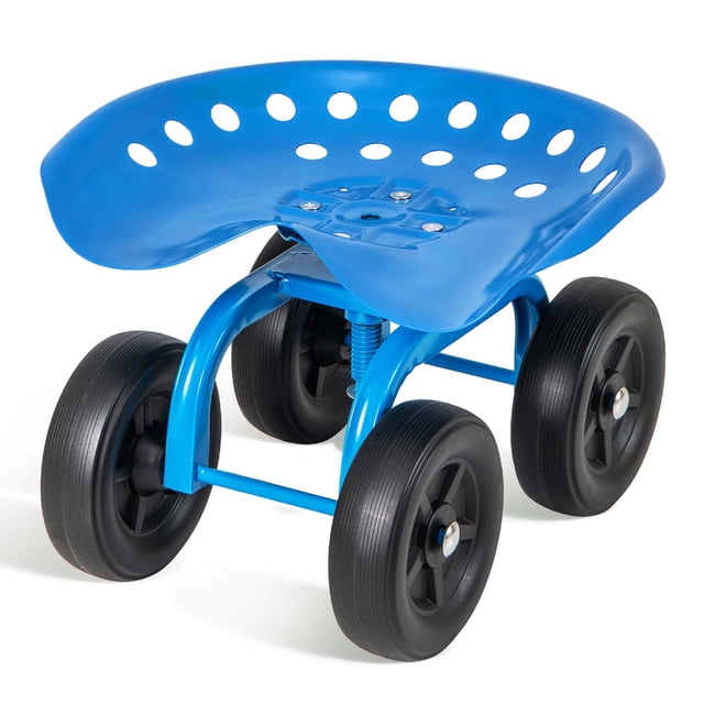 Costway Chariot de Jardin Roulant Siège de Travail Robuste avec Siège Pivotant à 360° et Hauteur Réglable en Bleu. Ce Tabouret de Jardinage Ergonomique Présente un Cadre en Métal Résistant à la Rouille, un Siège Pivotant Grand Réglable de 11 à 16 Pouces, et Quatre Roues Durables de 7 Pouces pour un Mouvement Fluide sur l'Asphalte, le Gravier Ou l'Herbe. Convient au Jardinage, à l'Entretien de Pelouse et aux Tâches Extérieures.
