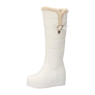 jovati Women Boots Belt Buckle Thick Fleece Slip-on Platform Mid-heels Solid Color Winter Warm Knee High Snow Boots