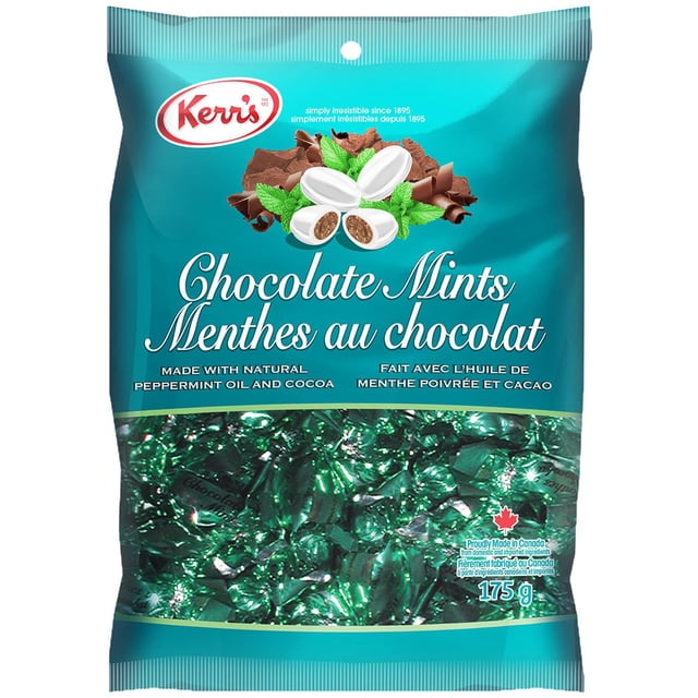 Kerr's Chocolate Mints bag with 175 g of individually wrapped peppermint hard candies featuring a chocolate centre, made with natural peppermint oil and cocoa, bilingual English and French text on teal packaging, suitable as a refreshing snack or breath freshener.