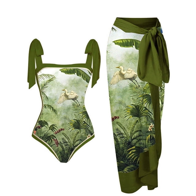 Maillot de Bain une Pièce pour Femmes avec Jupe de Plage, Paréo, Imprimé Floral Rétro, Ensemble Bikini Deux Pièces