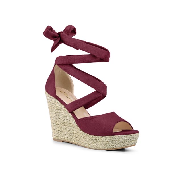 BLISSFUL STEP Chaussures pour Femmes Espadrilles à Lacets Sandales Compensées à Plateforme Bourgogne 7