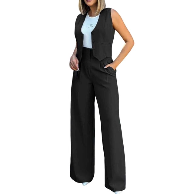 Kcodviy Womens Elegant Solid Color Suits Set for Women Suit Vest Tank Cardigan Woman Jumper Suit Pockets Tops Wide Leg Womens Work Suits Set Pants Suit