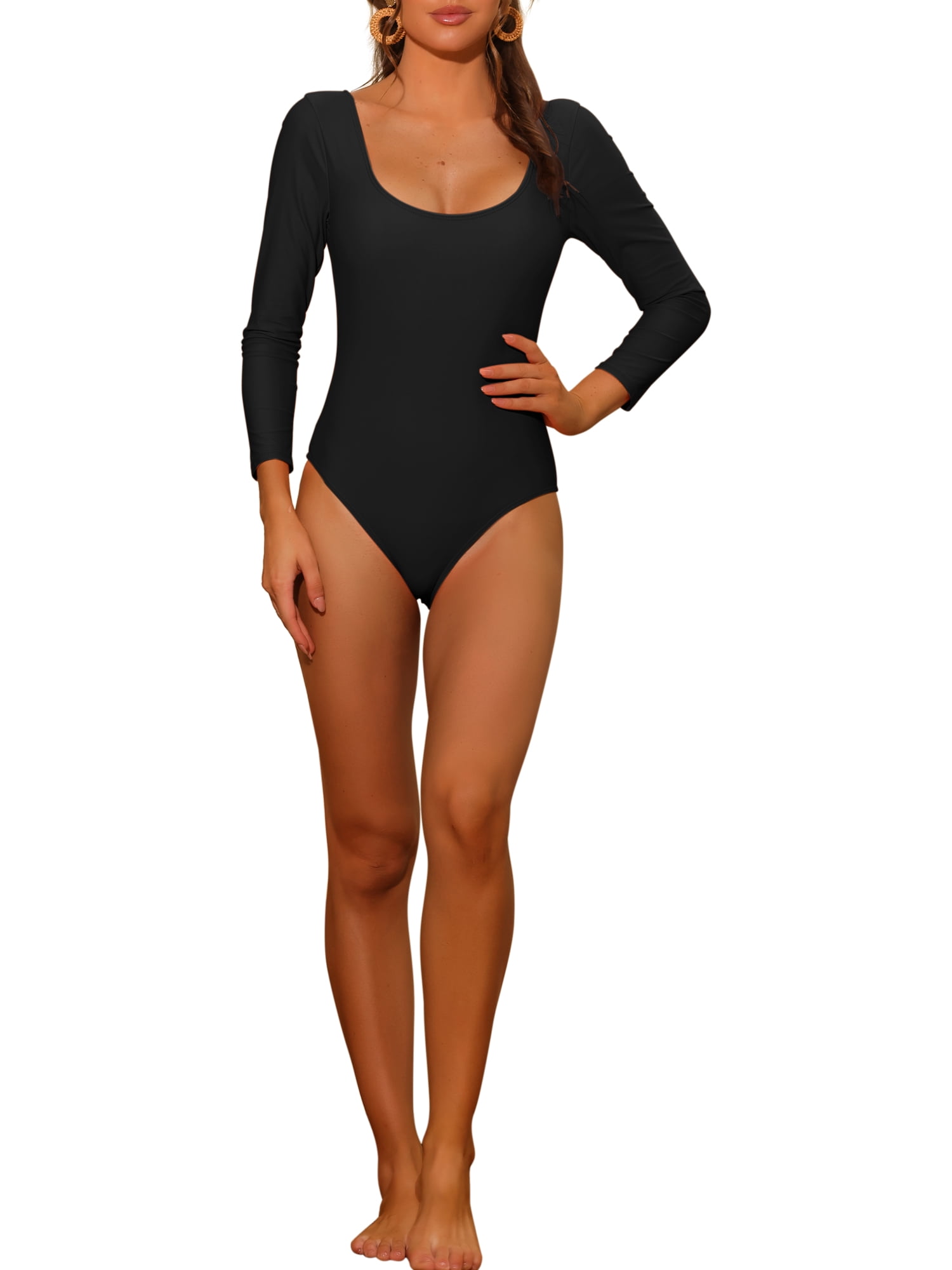 INSPIRE CHIC Women's 1 piece Long Sleeve Swimsuit Scoop Neck Backless Basic Rashguard Swimwear Bathing Suits Black L