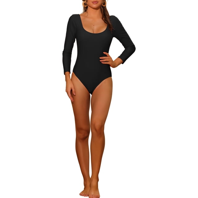 INSPIRE CHIC Women's 1 piece Long Sleeve Swimsuit Scoop Neck Backless Basic Rashguard Swimwear Bathing Suits Black L
