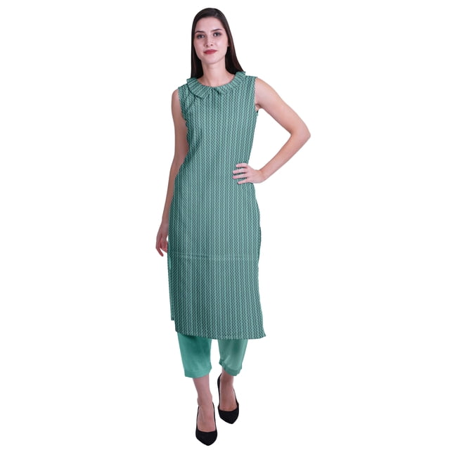 Moomaya Kurta Sans Manches à Col Peter Pan avec Pantalon Ensemble Ethnique 2 Pcs pour Femmes
