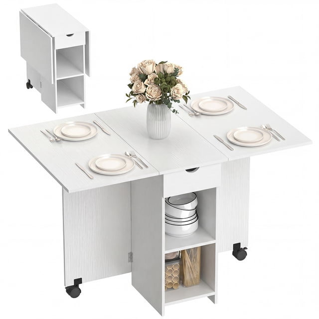HOMCOM Foldable Dining Table, Drop Leaf Table with Storage for Kitchen