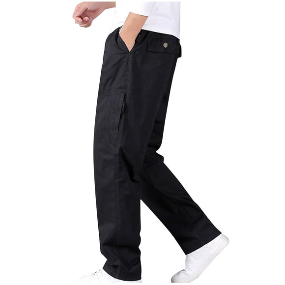 Pisexur Men's Pants Elastic Waist Cargo Pants Solid Color Cotton Joggers Hiking Pants Casual Baggy Wide Leg Pants Outdoor Oversized Sweatpants Trousers with Multi Pockets Plus Size Work Pants L-6XL