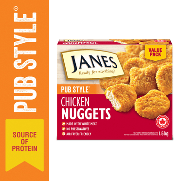 Pépites de poulet de style pub Janes® dans un emballage économique, 1,5 kg, pépites de poulet panées et congelées. Contient : Viande blanche. Nuggets de poulet style pub Janes format familial