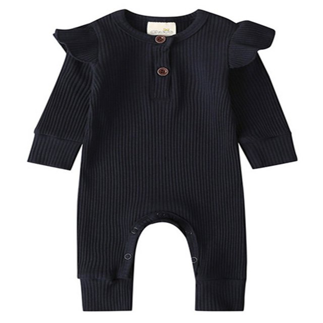 Infant Kids Baby Girl Boy Solid Color Long Ruffle Sleeve O-Neck Ribbed Jumpsuit Navy Blue 9-12 Months