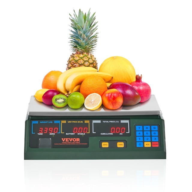 VEVOR Electronic Price Computing Scale, a digital food scale with a stainless steel weighing platform, dual-side red LED display, and numeric function buttons. The scale is shown with assorted fruits, including pineapple, bananas, oranges, and kiwis, placed on the weighing tray. Ideal for commercial use in supermarkets, delis, and farmers' markets.