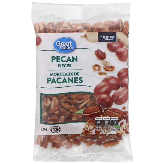 Great Value Pecan Pieces in a clear 100g plastic bag with English and French labeling, showing shelled pecan nut pieces inside, ideal for nut toppings, baking, and homemade trail mix, with nutrition facts and Ingredient Wise symbol visible.