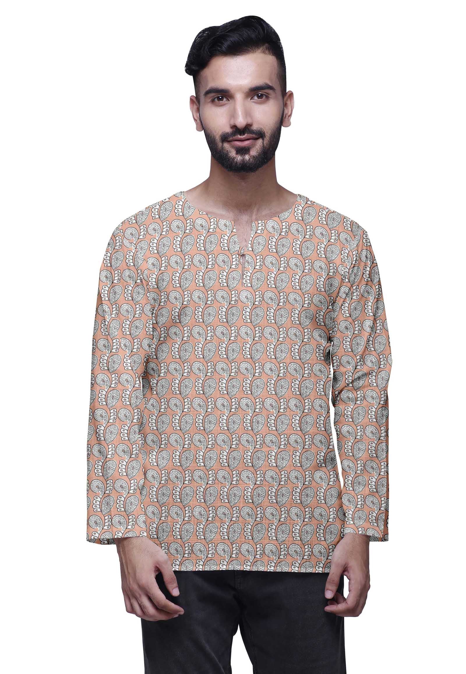 Atasi Cotton Slub Long Sleeve Kurta For Men Keyhole Neck Ethnic PrintedShirt