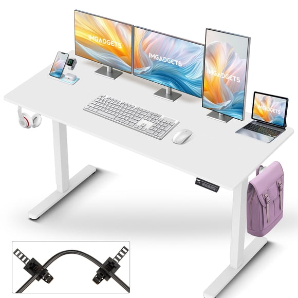 IMGadgets Bureau Assis-Debout Électrique Réglable / Grand Espace de Travail de 140 x 61 cm avec 2 Crochets / Bureau Ergonomique / Résistant aux Rayures et à l'Eau / Bureau Réglable en Hauteur pour le Travail et la Maison