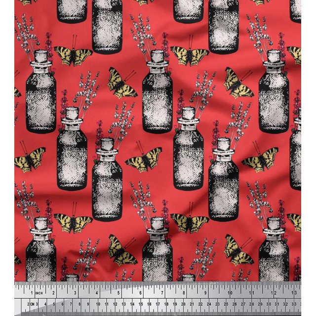 Soimoi Orange Rayon Fabric Insect,Lavender & Vintage Bottle Print Fabric by Yard 56 Inch Wide