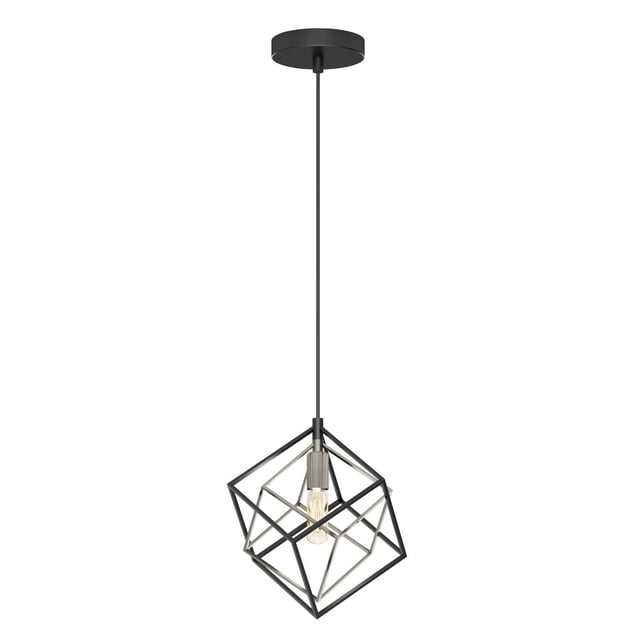 Artika Mini Imperium BK & BN Pendant w/o Bulb showing a modern pendant light with intersecting black and brushed nickel metal cube frames around a single exposed bulb socket, hanging from a black adjustable cord and round ceiling mount, ideal for kitchen island or dining area lighting and compatible with sloped ceilings.