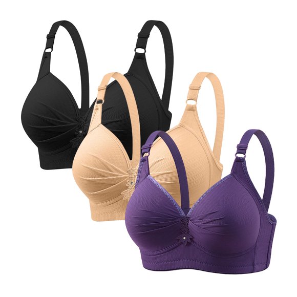 Bra for Women, 3-Piece Underwire-Free Court Style Gathering Middle Button Breathable Daily Bra, for Everyday Wear