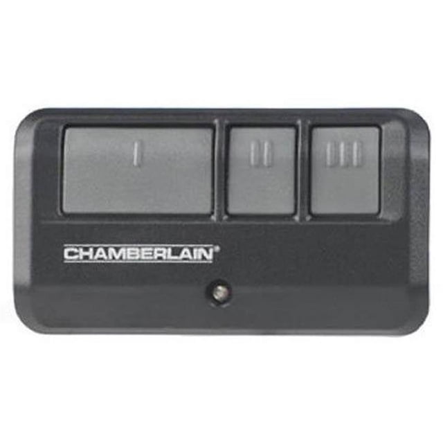 Chamberlain Corp 232191 3-Button Garage Door Opener Remote with a black rectangular design featuring three grey buttons labeled 1, 2, and 3. Includes a built-in visor clip, indicator light, and compatibility with Chamberlain, LiftMaster, and Craftsman garage door openers from 1993 to present. Supports MyQ light control technology and can operate up to three garage door openers or gate systems. Long-life lithium battery included.